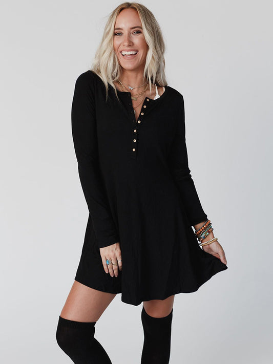 Round Neck Long Sleeve Buttoned Mini Dress