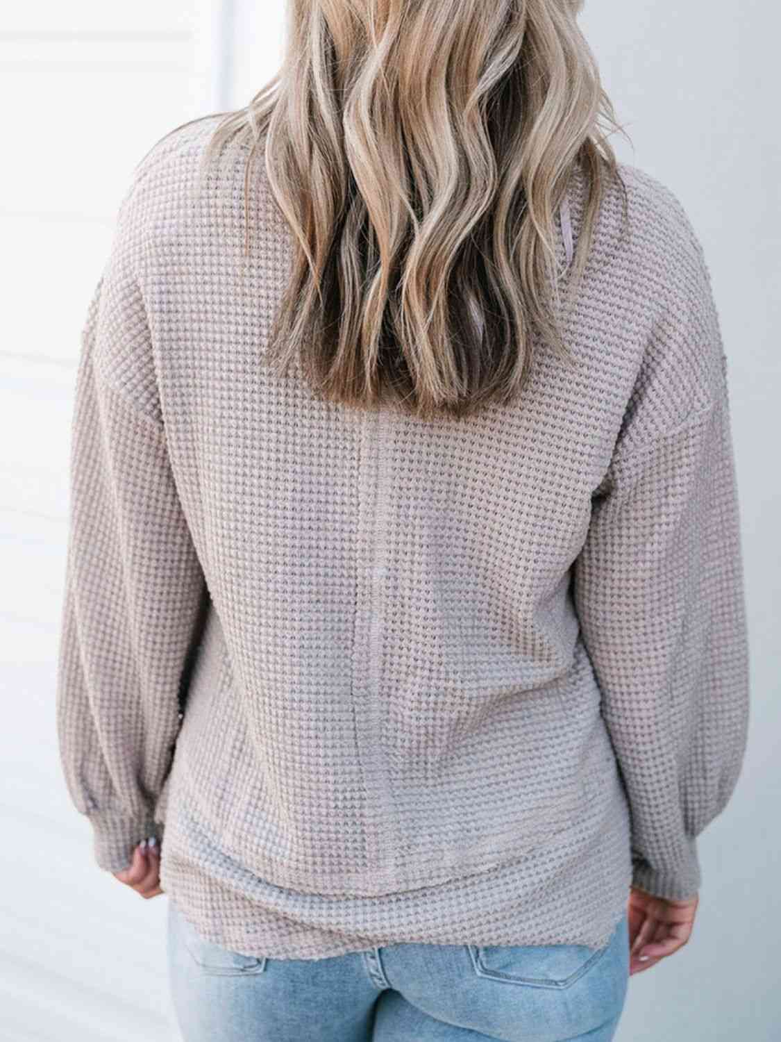 Waffle-Knit V-Neck Blouse with Breast Pocket