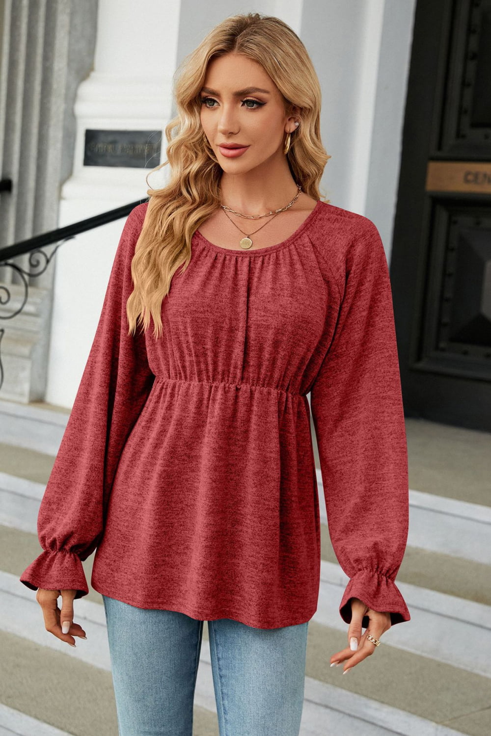 Round Neck Flounce Sleeve Blouse