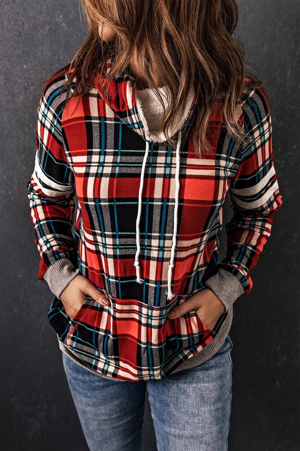 Plaid Drawstring Long Sleeve Sweatshirt