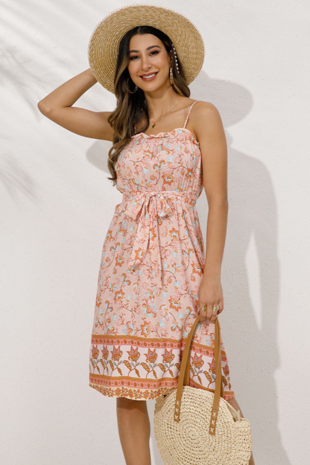 Bohemian Belted Frill Trim Spaghetti Strap Dress